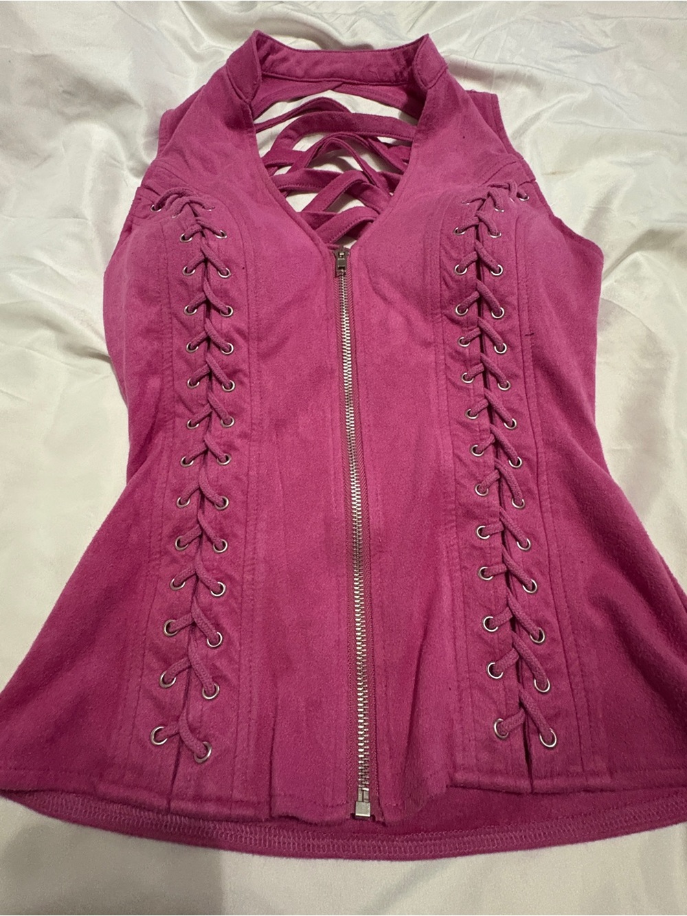 Strappy Lace-Up Pink Women’s Tank Top with Front Zip